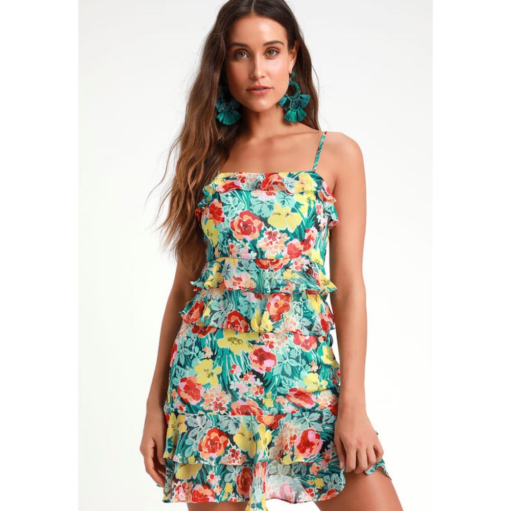 Lulu's Dainty Coquette Cottage Feel Alive Teal Green Floral Print Ruffled Dress